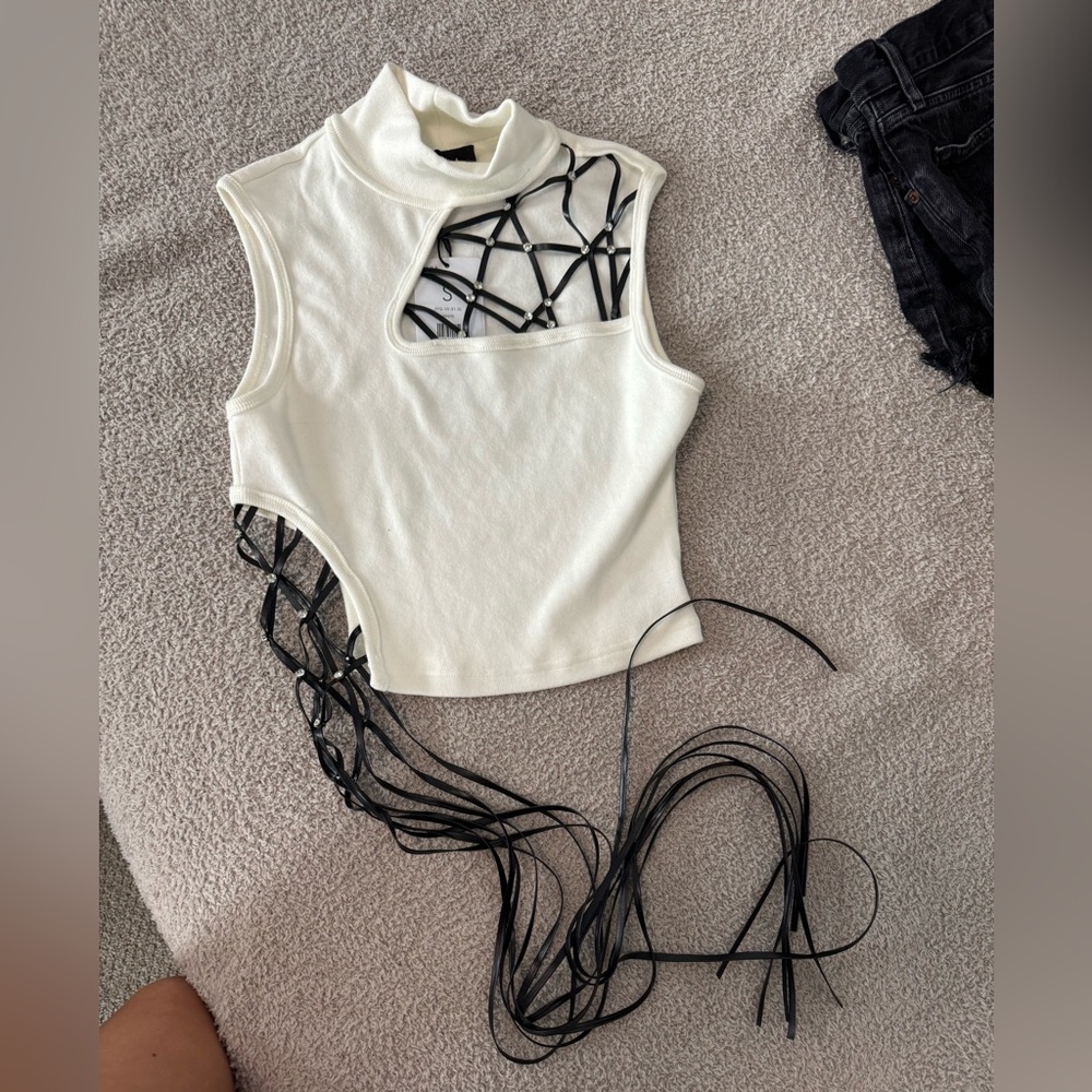 AKIRA White Tank Top with Black Leather Accents
